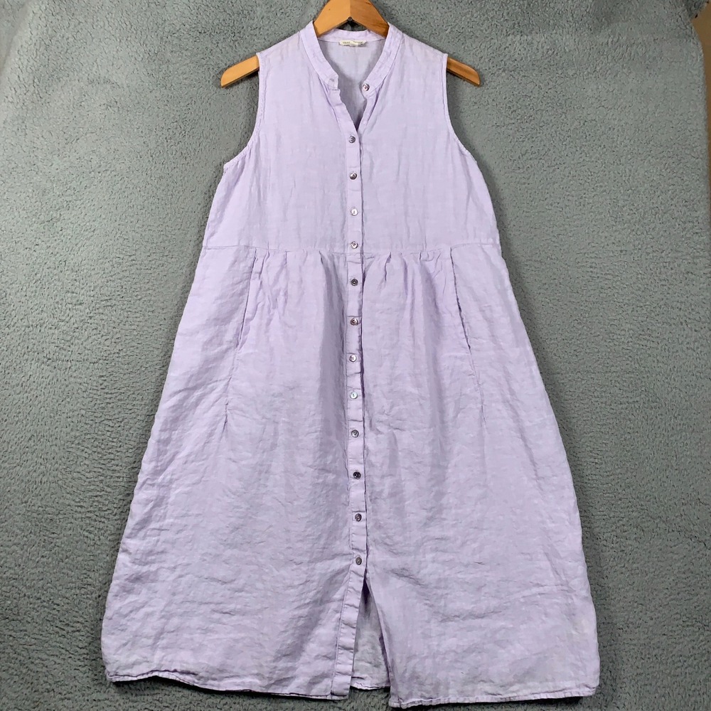 Eileen Fisher Organic Linen Dress Women's Medium Purple Sleeveless Midi Mandarin